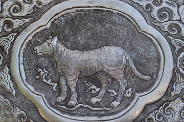 Sticker - Thai style silver carving art on temple wall , Wat Srisuphan ,Chiang Mai, Thailand.