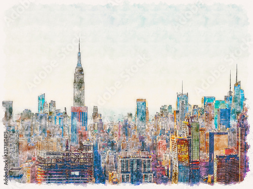 Aerial View Of The New York City Skyline Near Midtown Watercolor