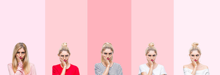 Poster - Collage of young beautiful blonde woman over vivid colorful vintage pink isolated background thinking looking tired and bored with depression problems with crossed arms.