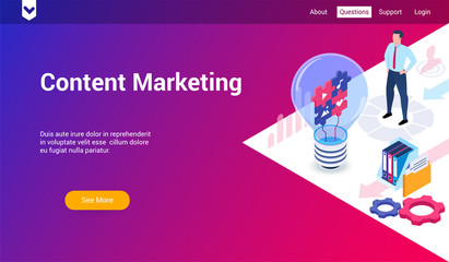 Wall Mural - Isometric landing page template for content marketing. Vector illustration mock-up for website and mobile website