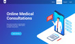 © Genestro - Isometric landing page template for medical consultation online. Vector illustration mock-up for website and mobile website