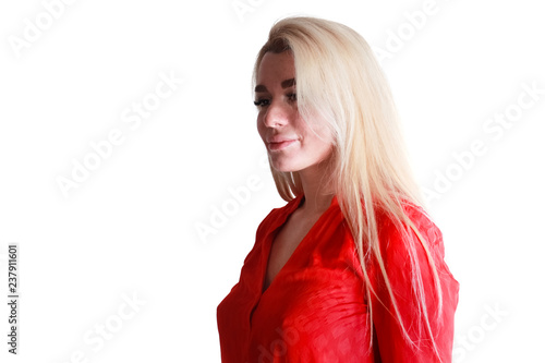 The Girl In The Red Sweater Is Turned Half Faced With Long White