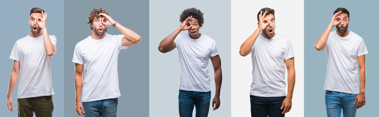 Canvas Print - Collage of group of handsome hispanic, indian and arab men over vintage background doing ok gesture shocked with surprised face, eye looking through fingers. Unbelieving expression.