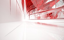 Abstract Dynamic Interior With Red Glass Smooth  Objects. 3D Illustration And Rendering