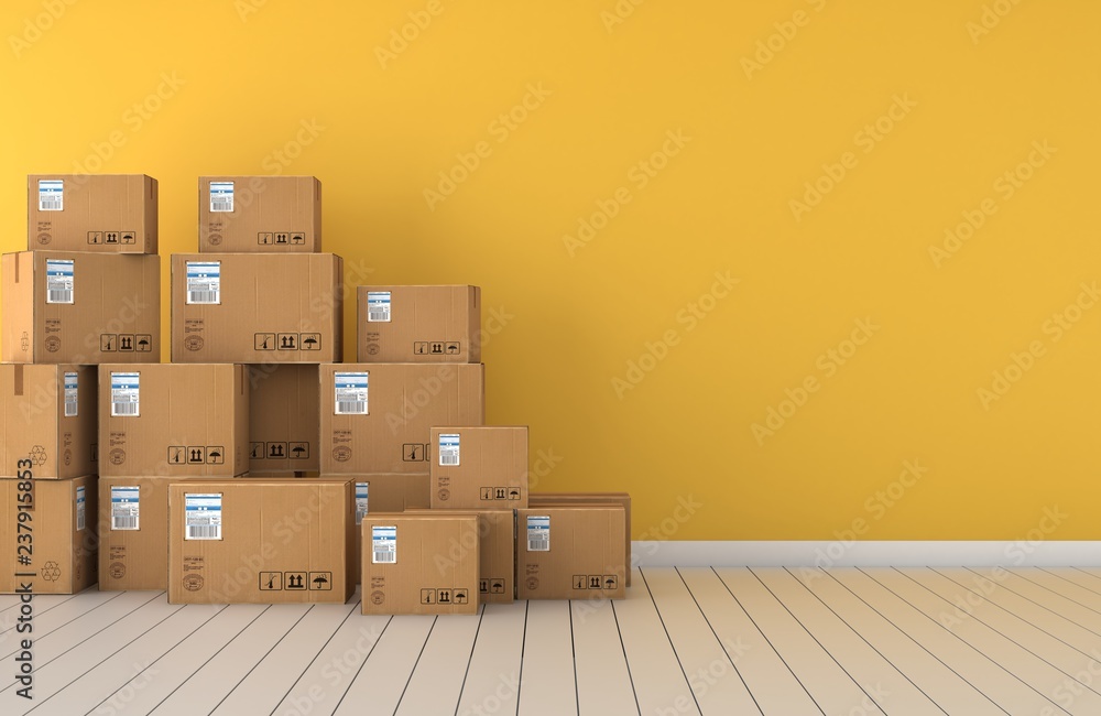 Moving boxes  empty room in front of a yellow wall 3D Rendering - obrazy, fototapety, plakaty 