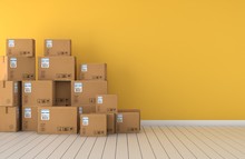 Moving Boxes  Empty Room In Front Of A Yellow Wall 3D Rendering