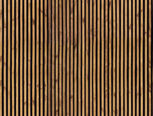 Seamless Pattern Of Modern Wall Paneling With Vertical Wooden Slats For Background. Raw Material Of Natural Brown Wood Lath.