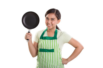 Wall Mural - Asian mom prepare to cook, portrait on white