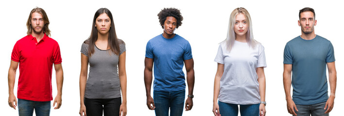 Composition of african american, hispanic and caucasian group of people over isolated white background with serious expression on face. Simple and natural looking at the camera.