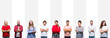 © Krakenimages.com - Collage of different ethnics young people over white stripes isolated background happy face smiling with crossed arms looking at the camera. Positive person.