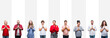 © Krakenimages.com - Collage of different ethnics young people over white stripes isolated background praying with hands together asking for forgiveness smiling confident.