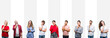 © Krakenimages.com - Collage of different ethnics young people over white stripes isolated background with hand on chin thinking about question, pensive expression. Smiling with thoughtful face. Doubt concept.