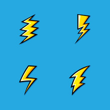 Set Of Yellow Electric Lightning Bolt Icons With Shading Effects On Blue Background. Vector Illustration.