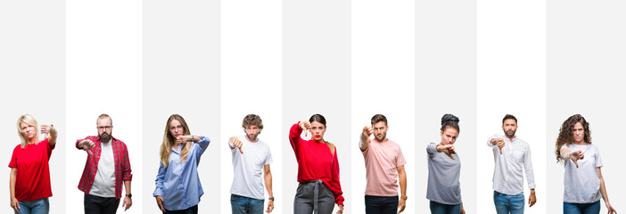 Poster - Collage of different ethnics young people over white stripes isolated background looking unhappy and angry showing rejection and negative with thumbs down gesture. Bad expression.