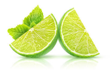 Poster - Isolated lime slices. Two pieces of lime fruit with mint leaf isolated on white background with clipping path