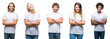 © Krakenimages.com - Collage of group of people wearing casual white t-shirt over isolated background happy face smiling with crossed arms looking at the camera. Positive person.