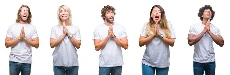 Canvas Print - Collage of group of people wearing casual white t-shirt over isolated background begging and praying with hands together with hope expression on face very emotional and worried. Asking for forgiveness