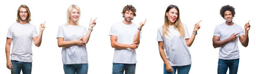 Sticker - Collage of group of people wearing casual white t-shirt over isolated background with a big smile on face, pointing with hand and finger to the side looking at the camera.