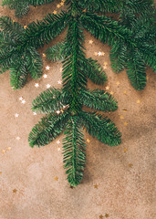 Wall Mural - Fir branch and golden glitter stars confetti on a beige background. Christmas and New Year concept.