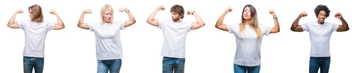 Sticker - Collage of group of people wearing casual white t-shirt over isolated background showing arms muscles smiling proud. Fitness concept.