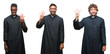 © Krakenimages.com - Collage of christian priest men over isolated background showing and pointing up with fingers number four while smiling confident and happy.