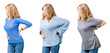 © Krakenimages.com - Collage of beautiful blonde woman over white isolated background Suffering of backache, touching back with hand, muscular pain