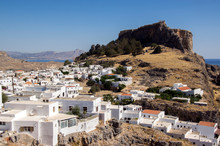 Overview Of Lindos, Group Of White Houses One By One, Aerial View From Acropolis Fortified Citadel