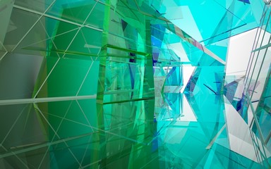  abstract architectural interior with gradient geometric glass sculpture. 3D illustration and rendering