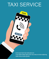 Leinwandbilder - Hand Holding Phone with Taxi Service. Taxi service application on a Screen. Call taxi by phone. Booking Taxi Via Mobile App Vector.