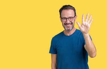 Handsome middle age hoary senior man wearin glasses over isolated background showing and pointing up with fingers number five while smiling confident and happy.