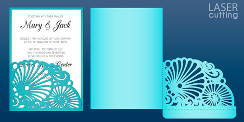 Wall Mural - Laser cut wedding invitation card template in marine style, vector. Die cut pocket envelope with pattern of seashells. Suitable for greeting cards, invitations, menus.