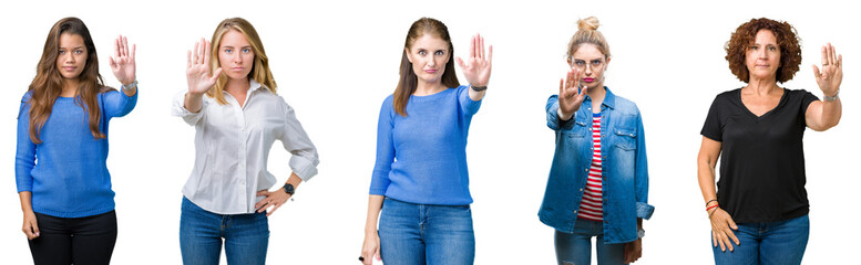 Canvas Print - Collage of group of beautiful women over white isolated background doing stop sing with palm of the hand. Warning expression with negative and serious gesture on the face.