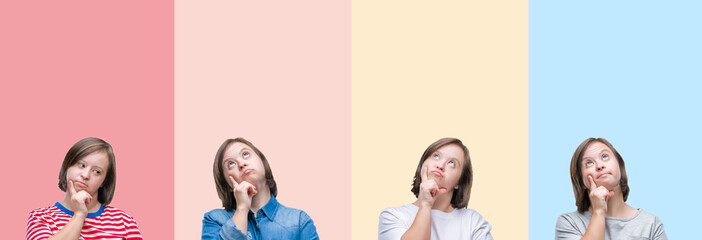 Collage of down syndrome woman over colorful stripes isolated background with hand on chin thinking about question, pensive expression. Smiling with thoughtful face. Doubt concept.