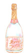 Bottle of bubbled rose beverage. Pink champagne illustration painted in watercolor on clean white background