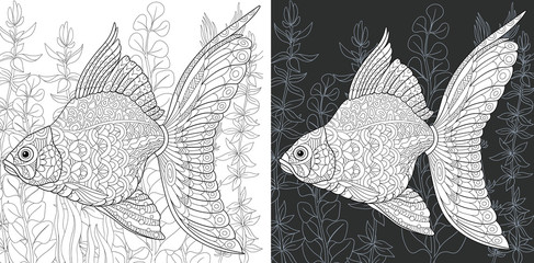 Wall Mural - Coloring page with gold fish