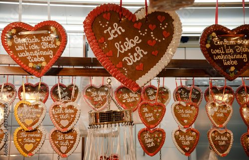 Gingerbread Hearts Hanging In A Candy Stand At The Christmas Market German Text Ich Liebe Dich Meaning I Love You Stock Photo Adobe Stock