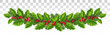 Long garland of spruce branches, holly and red berries. Festive wide decor. Panorama. vector.Eps 10.