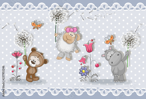 Fototapeta na szkło 3d wallpaper, cute baby background with little animals . Greeting card. Pastel background