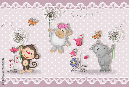 Naklejka na szybę 3d wallpaper, cute baby background with little animals . Greeting card. Pastel background