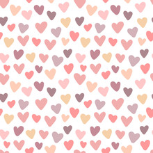 Seamless Pattern Of Hand-drawn Hearts In Pink, Purple And Beige Colors. Vector Image For Valentine's Day, Lovers, Prints, Clothes, Textiles, Cards, Holidays, Children, Baby Shower, Wrapping Paper.