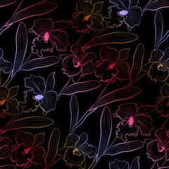 Poster - Seamless orchid flowers cattleya sketched pattern black