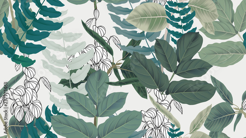 Botanical seamless pattern, green leaves on light gray background