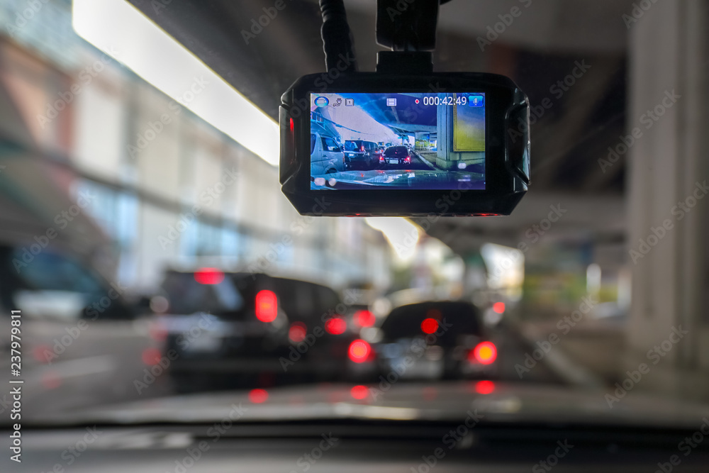 Dash Camera or car video recorder in vehicle on the way - obrazy, fototapety, plakaty 