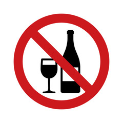 Wall Mural - No drinking alcohol or wine with red banned sign and wineglass and bottle flat vector icon