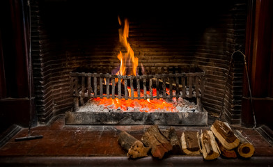 Burning logs in a Winter fireplace