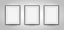 Three Realistic Empty Rectangular Black Frames With Passepartout On Gray Background, Border For Your Creative Project, Mock-up Sample, Picture On The Wall, Vector Design Object