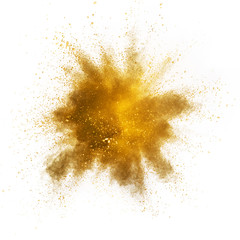 Wall Mural - Explosion of yellow powder on white background
