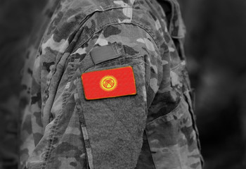 Flag of Kyrgyzstan on military uniforms (collage).