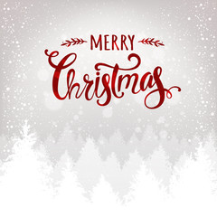 Wall Mural - Merry Christmas typographical on white background with winter landscape, snowflakes, light, stars. Xmas card. Vector Illustration