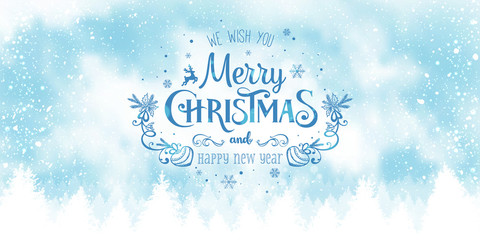 Wall Mural - Christmas and New Year Typographical on snowy Xmas background with winter landscape with snowflakes, light, stars. Merry Christmas card. Vector Illustration